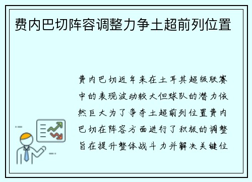 费内巴切阵容调整力争土超前列位置